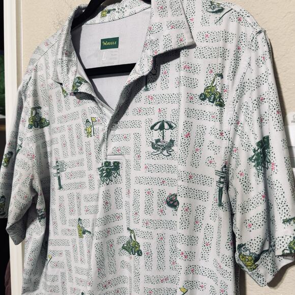 Waggle Polo Golf Shirt Mens L Green Gnomes Lawnmower Performance Stretch - Picture 2 of 7